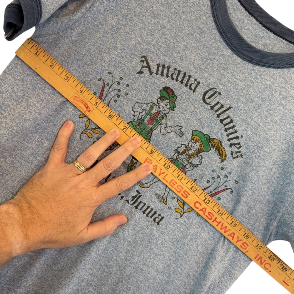 VTG Amana Colonies Iowa Graphic Ringer T Shirt Small Blue Tee Oktoberfest German - Picture 8 of 8